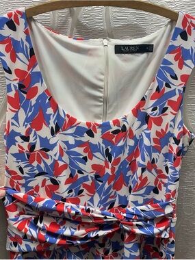 Lauren Ralph Lauren Dress Womens 10 Blue Red Floral Sleeveless Knot Waist